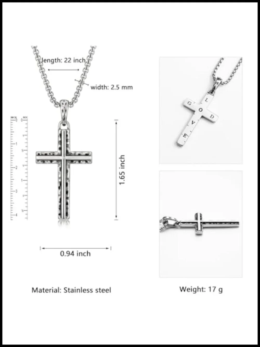 Gothic Cross Necklace Stainless Steel Faith Pendant Hammered Distressed 22 Inch